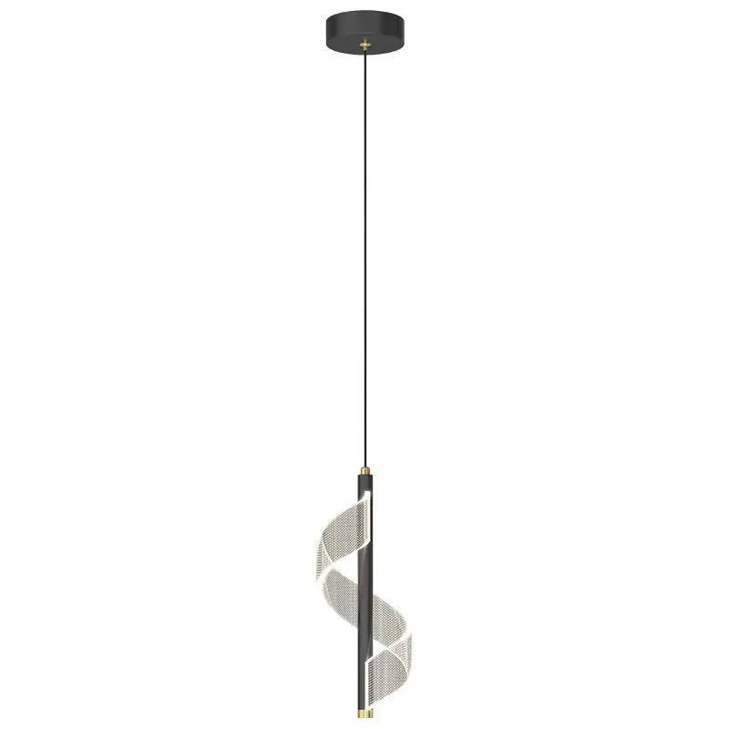 Modern pendant light with black finish and spiral design on a white background