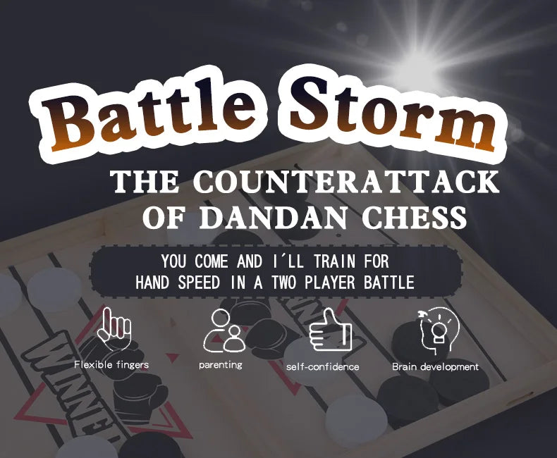 Advertisement for 'Battle Storm: The Counterattack of Dandan Chess' with chessboard and game pieces.