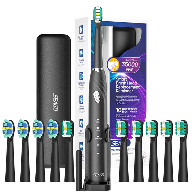 SEAGO electric toothbrush set with multiple brush heads and packaging on a white background