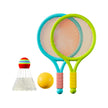 Colorful badminton racket set with shuttlecock and ball on a white background