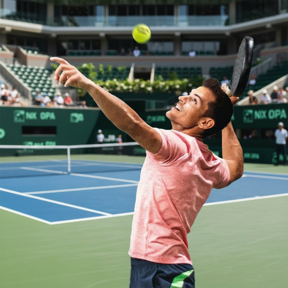 Person playing tennis with text 'HIGH LEVEL PLAY' on a blue background
