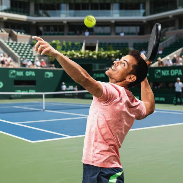 Person playing tennis with text 'HIGH LEVEL PLAY' on a blue background