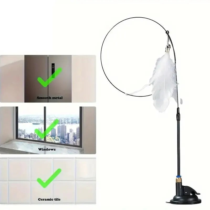 Cleaning tool with a feather attachment, shown on various surfaces with checkmarks.