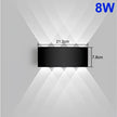 Black LED wall light fixture with dimensions and power rating on a gray background