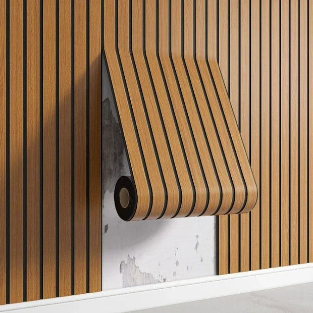 Wooden blind with vertical slats on a striped background