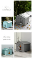 Collage of pet houses in outdoor and indoor settings with text indicating display types.