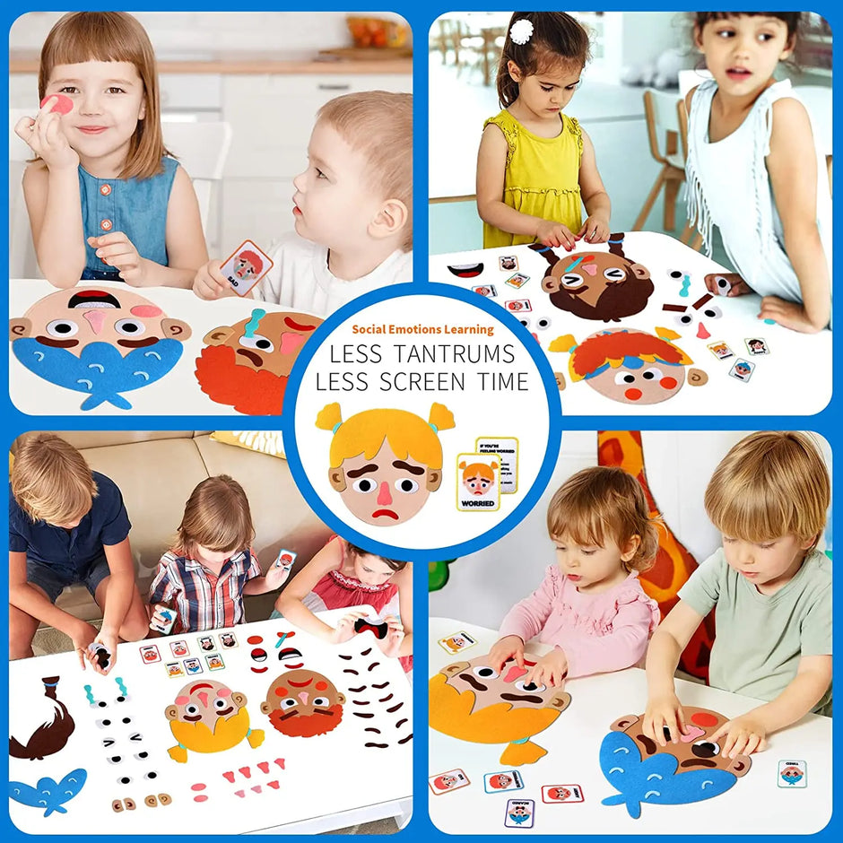 Children engaging with educational Emotion Expression Board) in various settings.