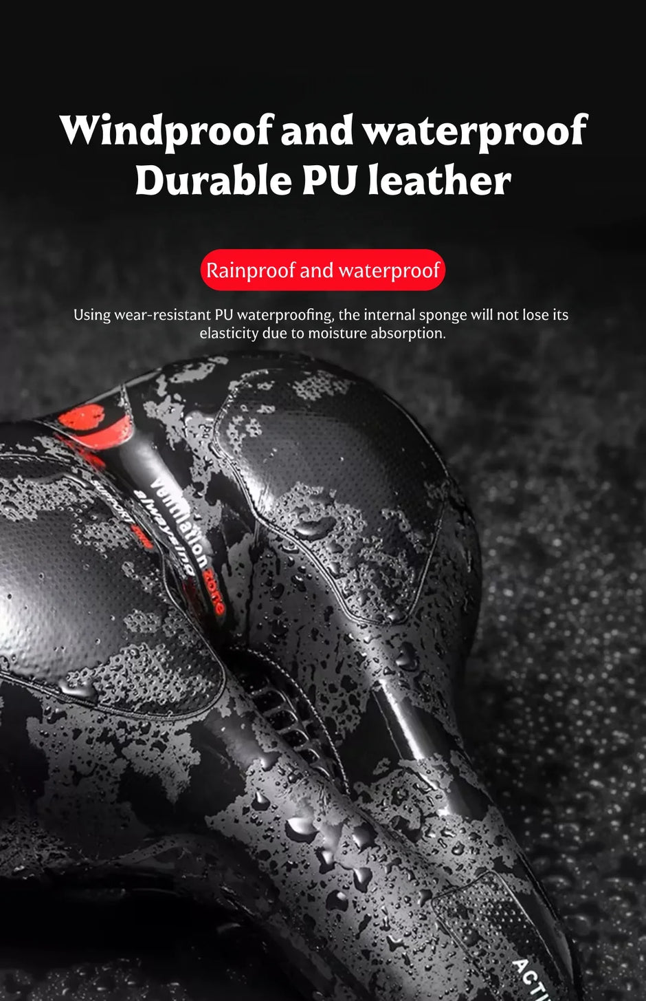 Saddle with water droplets on a dark background, emphasizing windproof and waterproof features.