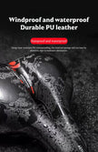 Saddle with water droplets on a dark background, emphasizing windproof and waterproof features.