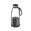 Clear glass water bottle with black base and lid on a white background
