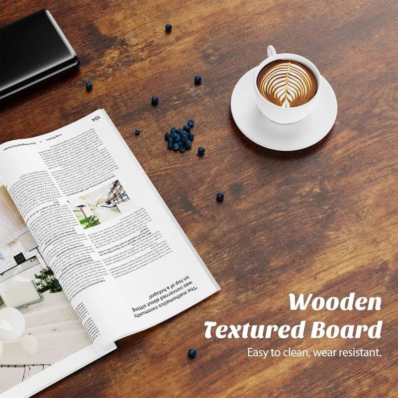 Wooden textured board with an open magazine, coffee cup, and blueberries on a wooden surface.