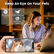 Woman using a smartphone with a pet monitoring app, showing a cat on the screen.