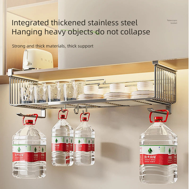 Under-cabinet hanging storage system with bottles and plates on a neutral background