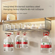 Under-cabinet hanging storage system with bottles and plates on a neutral background