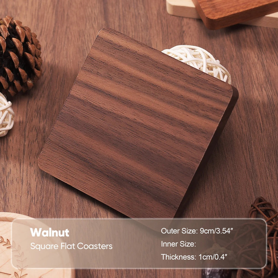 Wooden coaster on a wooden surface with product details overlay.
