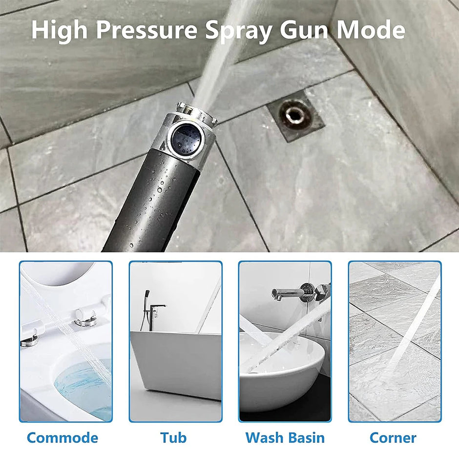 High pressure spray gun mode being used on a tiled floor with images of its use on commode, tub, wash basin, and corner.