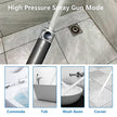 High pressure spray gun mode being used on a tiled floor with images of its use on commode, tub, wash basin, and corner.