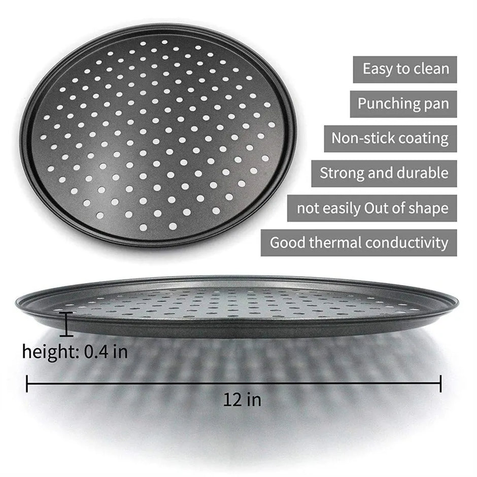 Punching pan with perforations and its features listed on a white background
