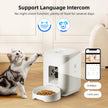 Cat interacting with a pet feeder and bowl on a wooden floor, with smartphone app interface displayed.