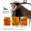 Hand holding a blender with stepless speed control and images of blended food.