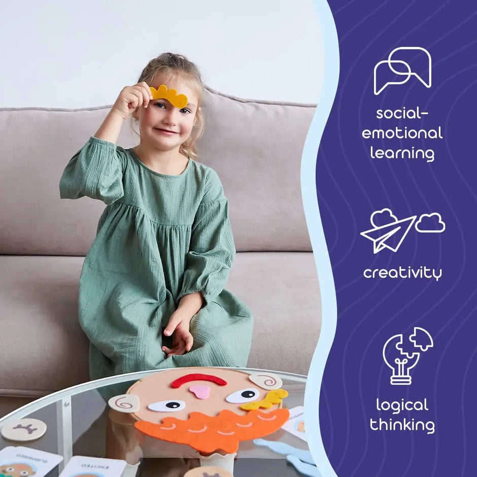 Child playing with a puzzle on a table, surrounded by educational elements.