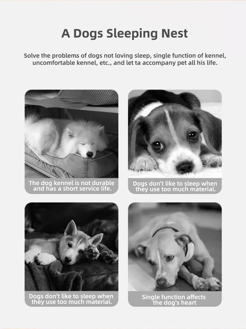 Advertisement for a dog sleeping nest with images of dogs and text explaining its benefits.