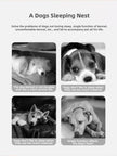 Advertisement for a dog sleeping nest with images of dogs and text explaining its benefits.
