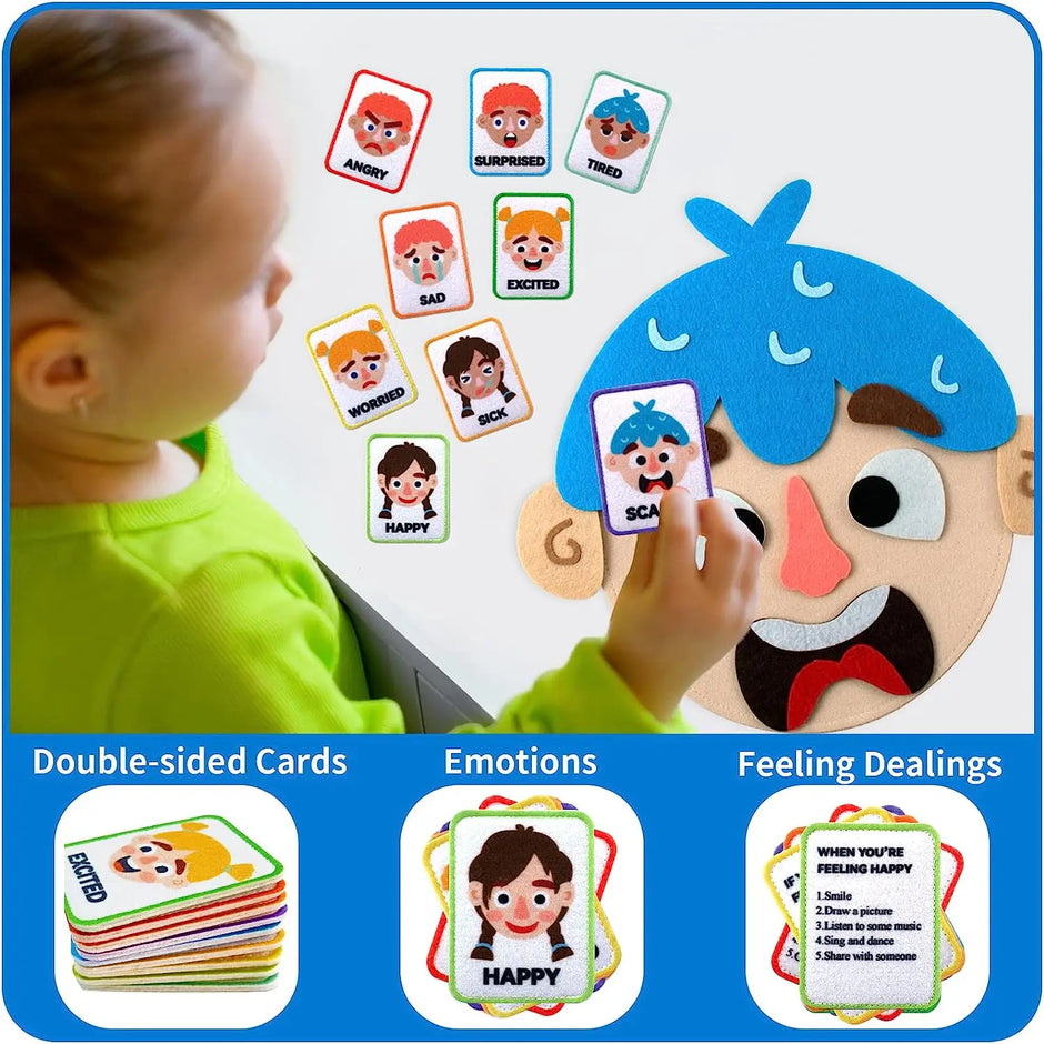 Child playing with emotional face cards and a large felt emotion mask.