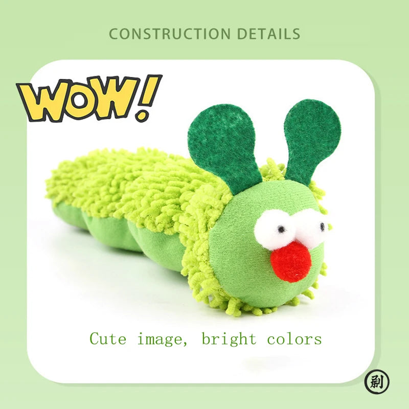 Toy caterpillar with green body, red nose, and white face on a light green background with 'WOW!' text.