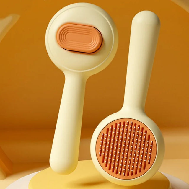 Two grooming tools with orange and beige design on a yellow background