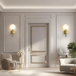 Modern interior design with a neutral color scheme, featuring a door, wall lights, and furniture.