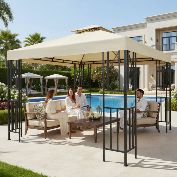 Outdoor gazebo with beige top and black metal frame on a white background