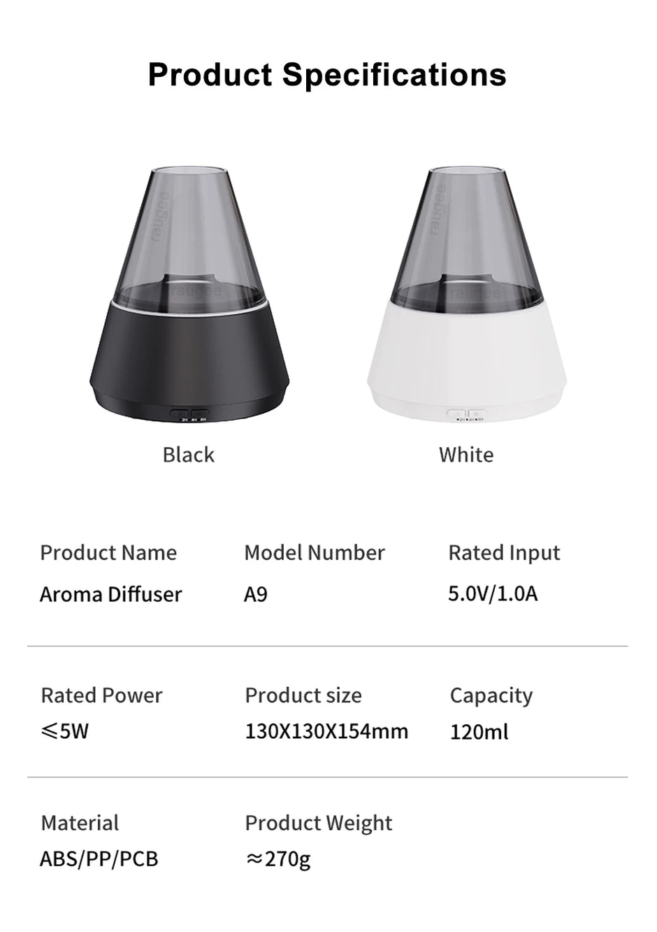 جهاز ترطيب هواء USB مصغر وناشر عطور – لهب LED، 7 ألوان، 120ml