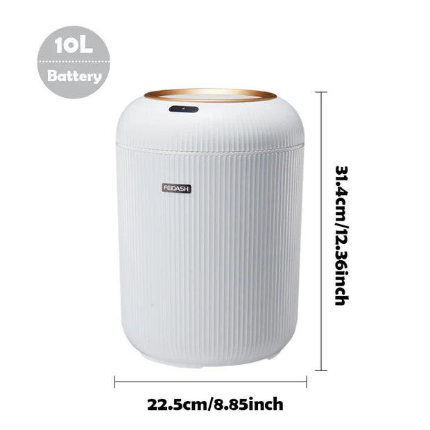White air purifier with dimensions and capacity details on a white background