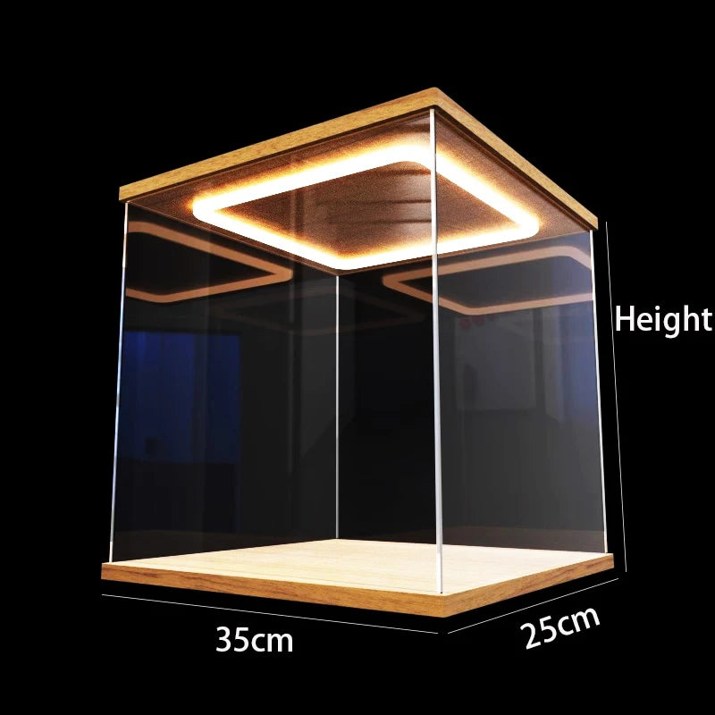 Wooden display case with dimensions labeled on a black background