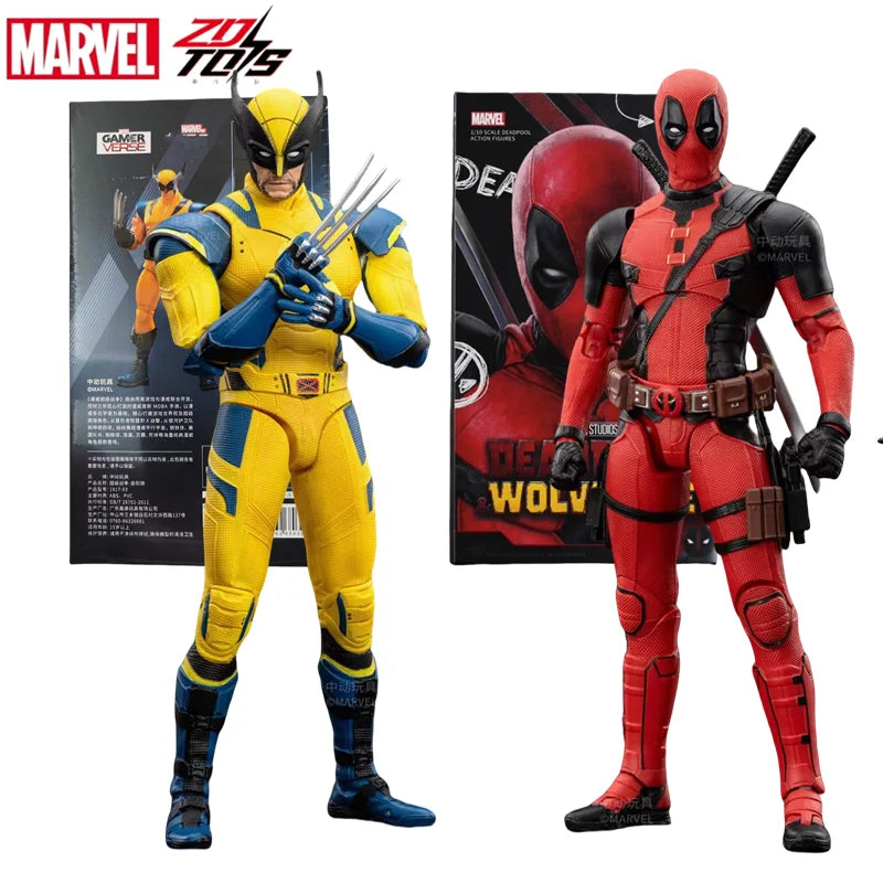Two action figures, one yellow and blue, the other red and black, with their packaging in the background.