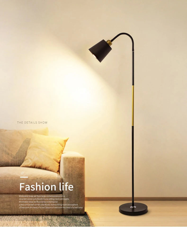 Modern floor lamp in a living room setting with a sofa and neutral wall.