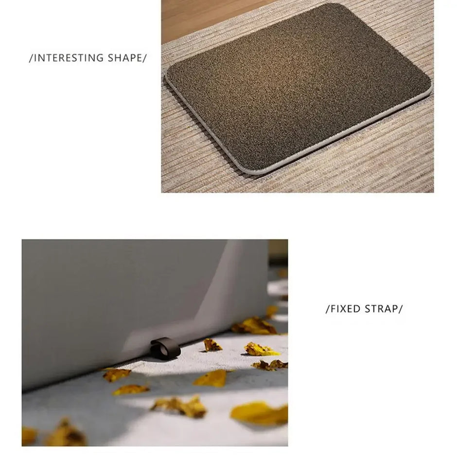 Textured mat with an interesting shape and a fixed strap on a wooden surface.