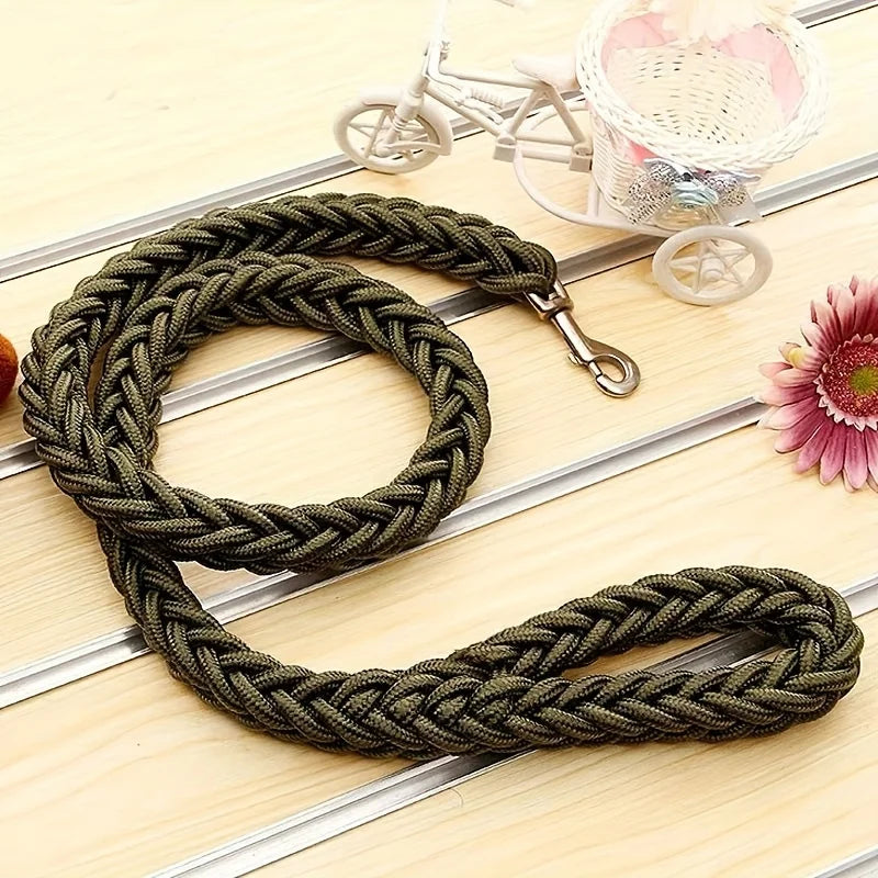 Green braided dog leash on a wooden surface with decorative elements.