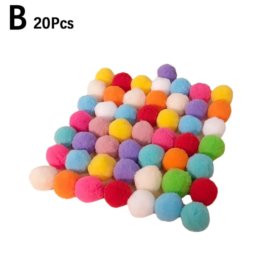 Colorful pom-pom balls on a white background with 'B 20Pcs' text.
