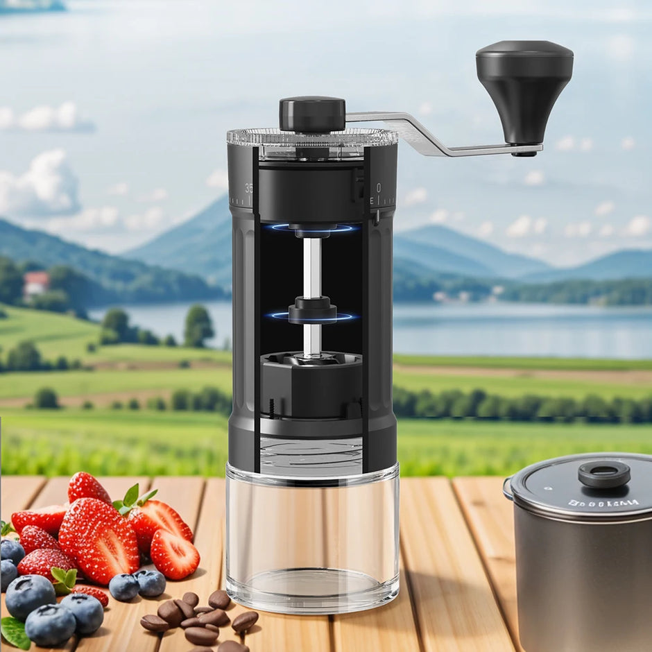 Manual coffee grinder on a wooden surface with berries and a scenic background