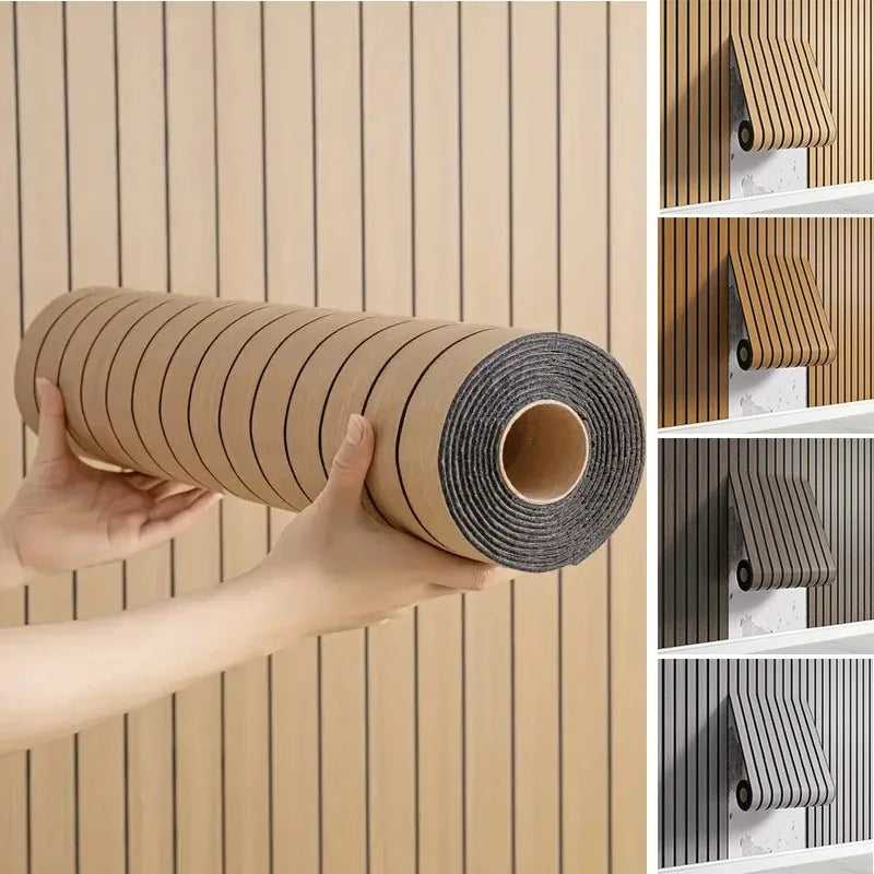 Roll of wooden strip material held by a hand with additional views of the material on a wall.
