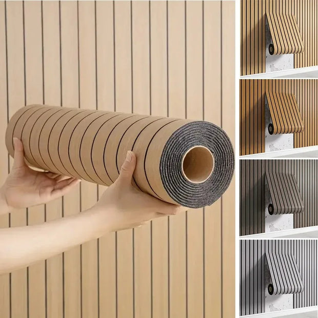 Roll of wooden strip material held by a hand with additional views of the material on a wall.