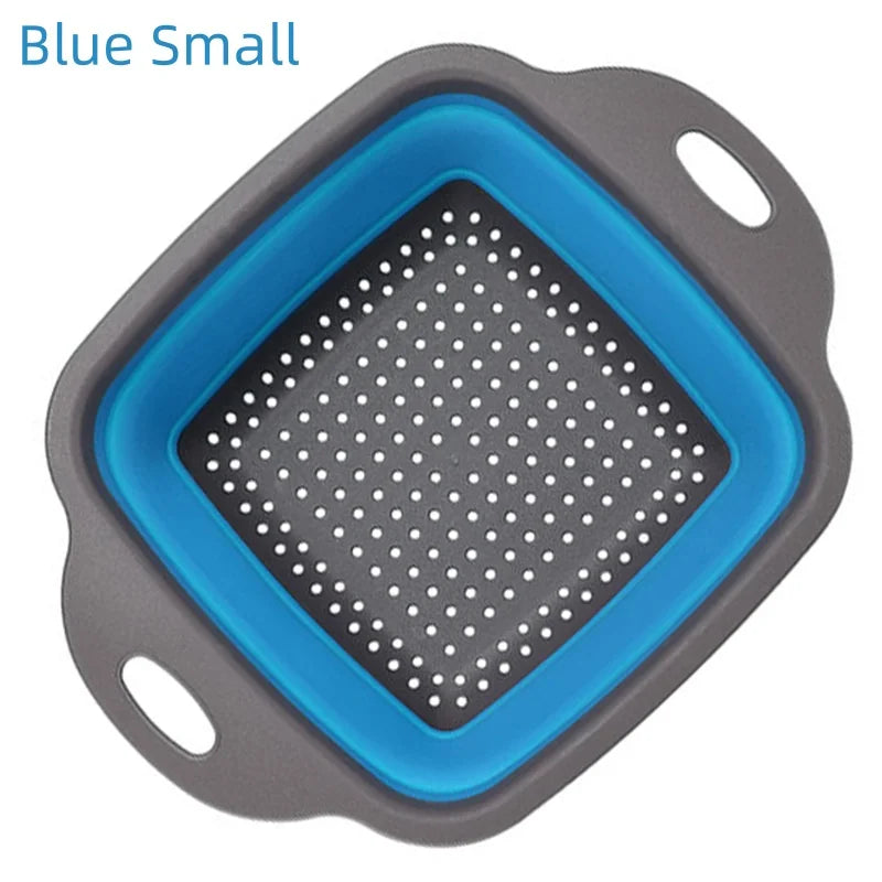 Collapsible strainer with blue interior and gray exterior on a white background