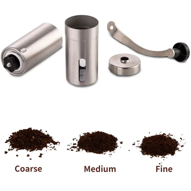 Coffee grinder with adjustable parts and different grind settings on a white background