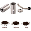 Coffee grinder with adjustable parts and different grind settings on a white background