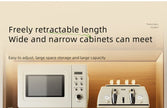 White microwave and toaster on a wooden cabinet background with text about storage solutions.