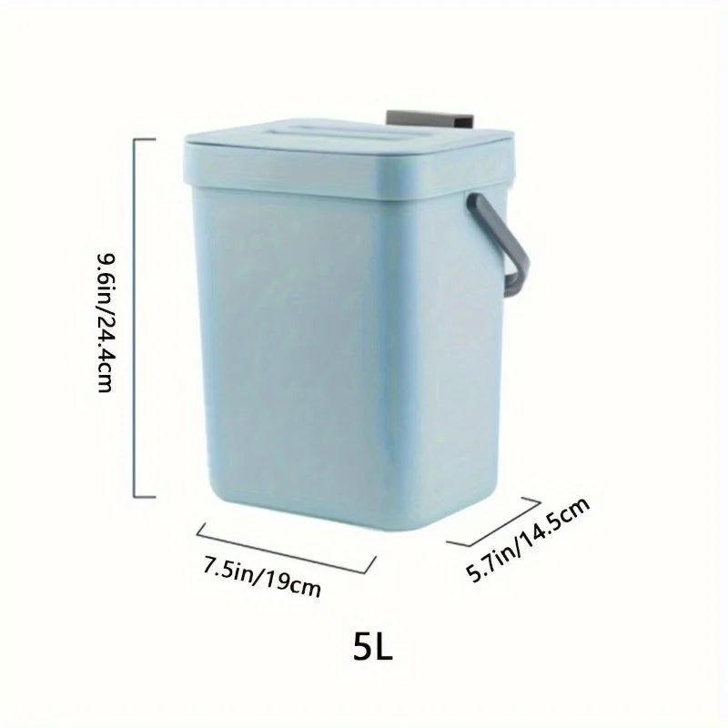 Light blue trash bin with dimensions on a white background