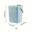 Light blue trash bin with dimensions on a white background