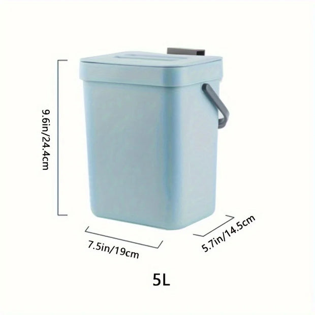Light blue trash bin with dimensions on a white background